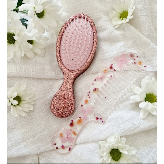 Pack Brosse Rose holographique + peigne fleurs tons parme